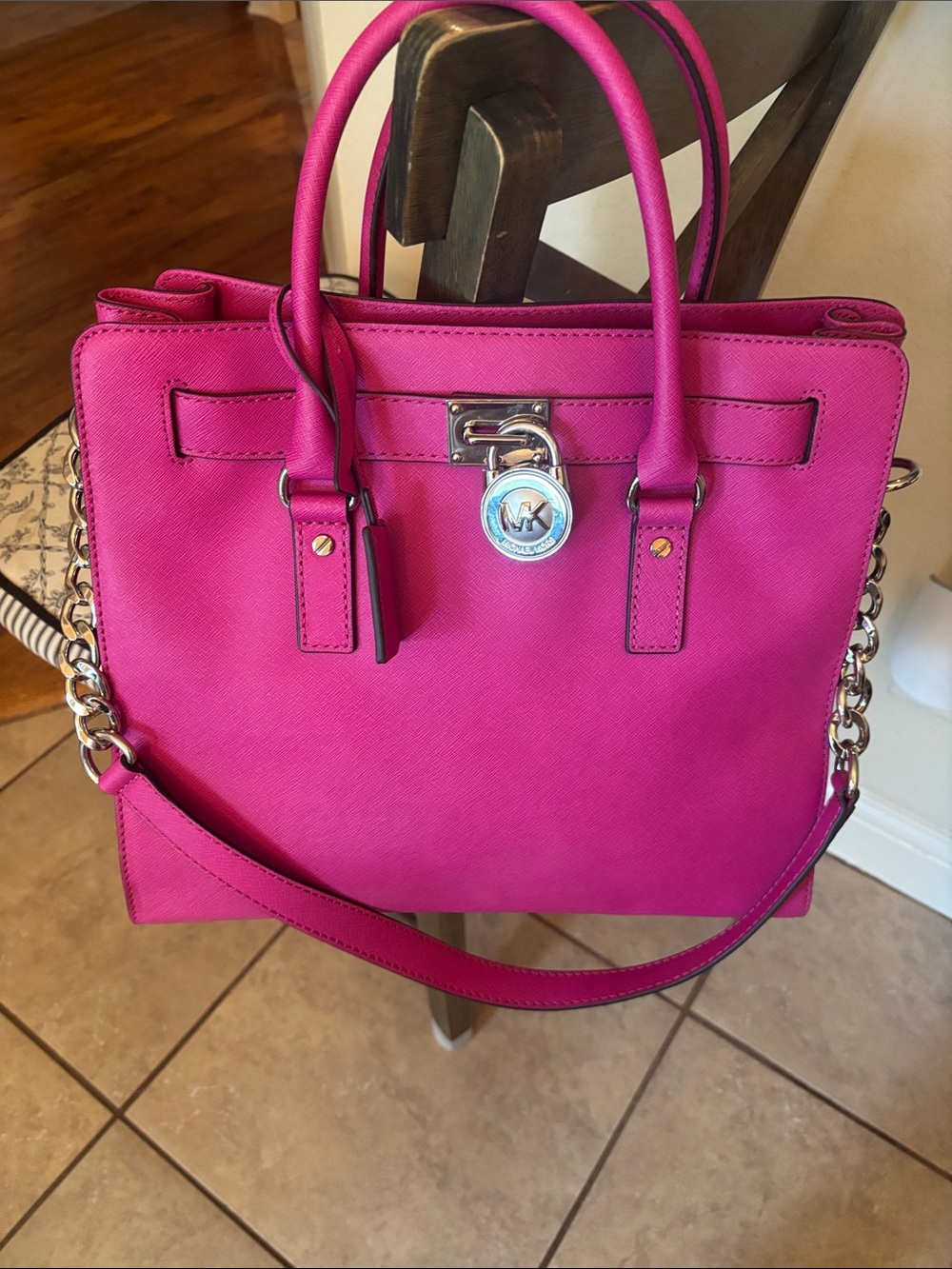 Michael Kors Fuchsia Saffiano Satchel with Chain Strap